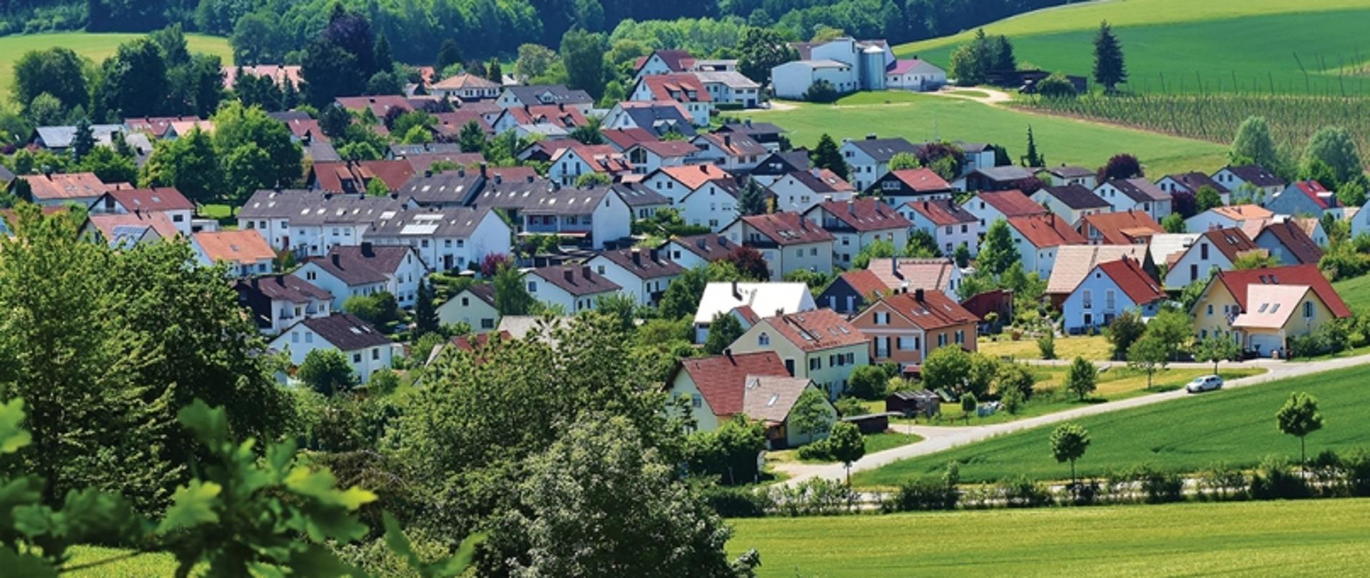 Sielski krajobraz, zieleń, domy jednorodzinne.