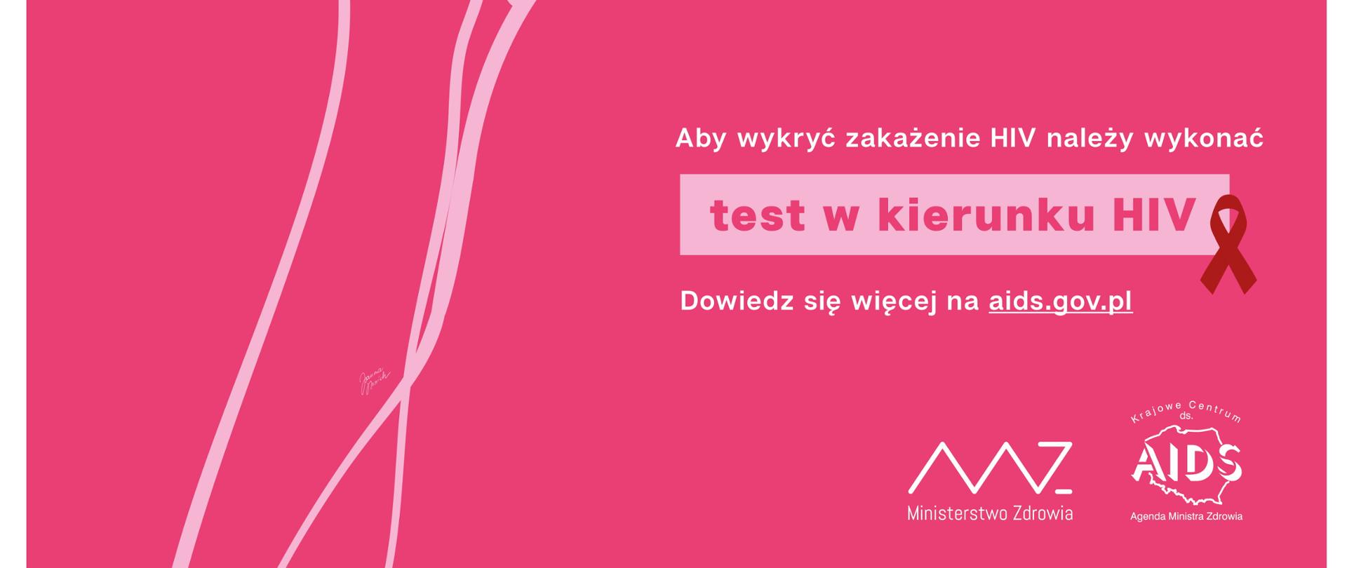 Na różowym tle widnieje grafika przedstawiająca kobietę i mężczyznę oraz tekst "HIV można zakazić się m.in. podczas kontaktów seksualnych"