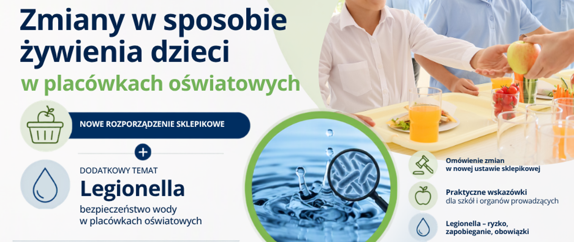 Webinar "Zmiany w sposobie żywienia dzieci w placówkach oświatowych" - nowe rozporządzenie sklepikowe. Dodatkowy temat Legionella - bezpieczeństwo wody w placówkach oświatowych. Data 12 sierpnia 2026 r. Godzina 11-12. Online Na grafice zdjęcie dzieci, nakładających na talerze posiłek.