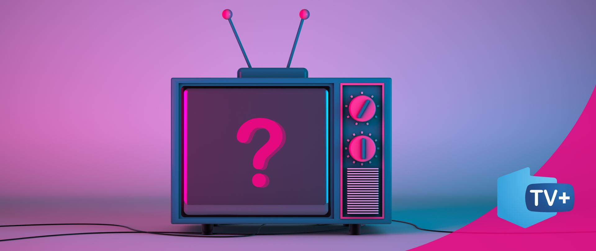 Grafika przedstawiająca telewizor, na ekranie znak zapytania. Kolorystyka fioletowo - różowa