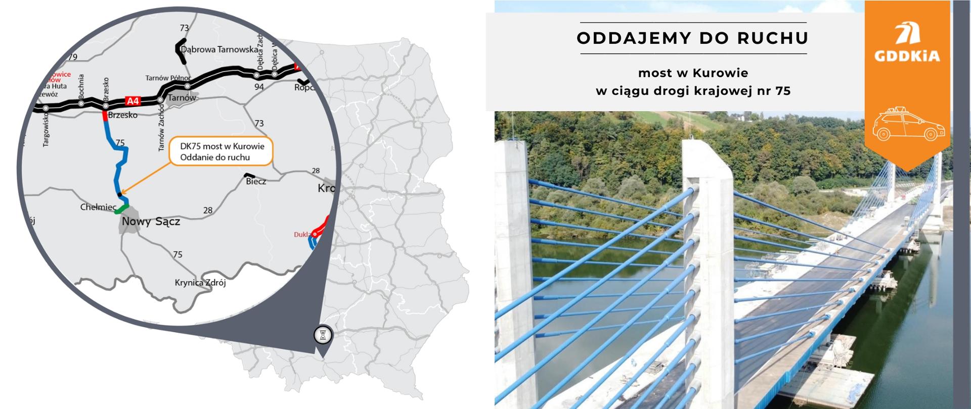 Infografika dot. oddania do ruchu mostu w Kurowie na DK75