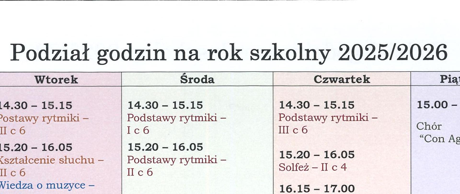 Plakat na kolorowym tle z informacją dla uczniów - podziałem godzin w kolorze czarnym, granatowym i bodowym