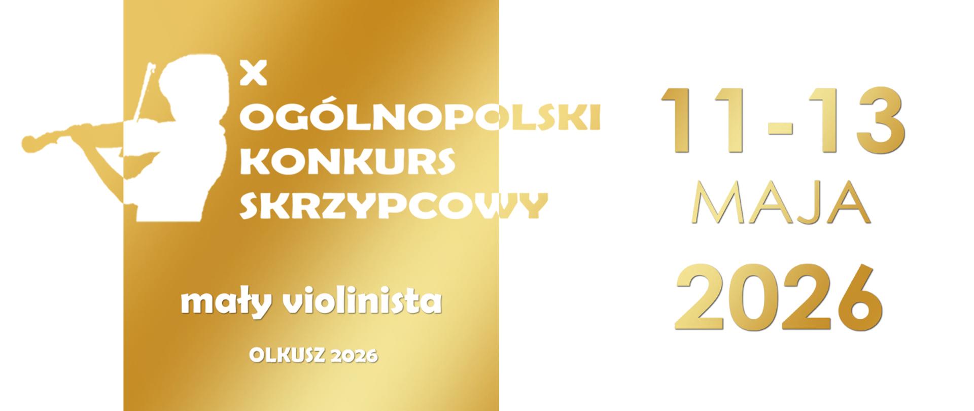białe tło i białe napisy, złoty kwadrat ze skrzypkiem 