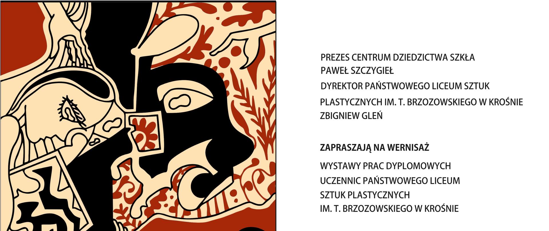 Po lewej stronie element graficzny, po prawej treść zaproszenia na wernisaż wystawy prac dyplomowych