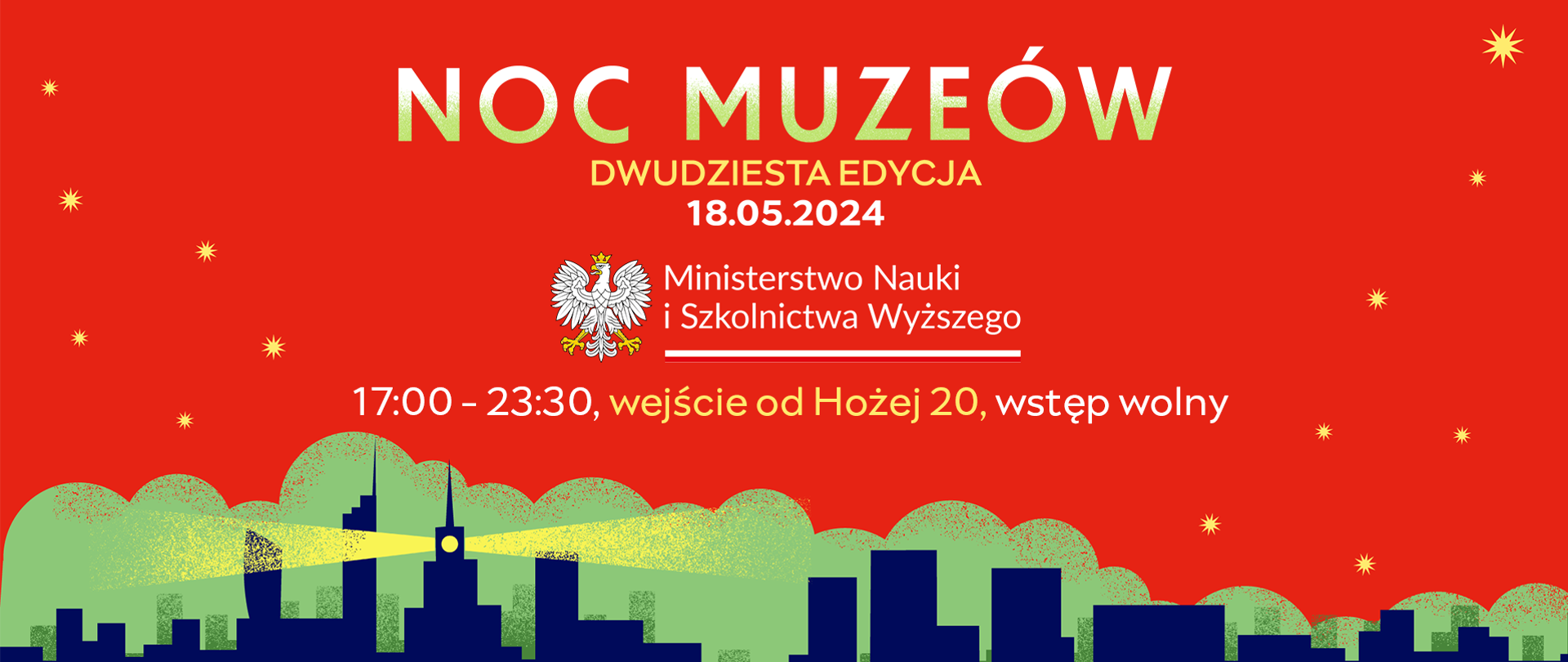 Grafika - na czerwonym tle panorama miasta i napis Noc Muzeów dwudziesta edycja.