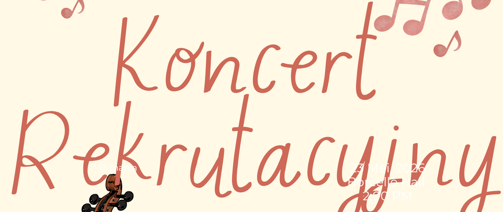 Na piaskowym tle u dołu poziomkowa scena, na której są instrumenty muzyczne: Perkusja, wiolonczela, trąbka, gitara, flet, skrzypce, fortepian. U góry również poziomkowe nutki. Od góry tekst: Państwowa Szkoła Muzyczna I stopnia im. Emila Młynarskiego w Augustowie zaprasza na koncert rekrutacyjny , 13 marca 2026 godz. 17:00 PSM ul. Wybickiego 1, sala koncertowa