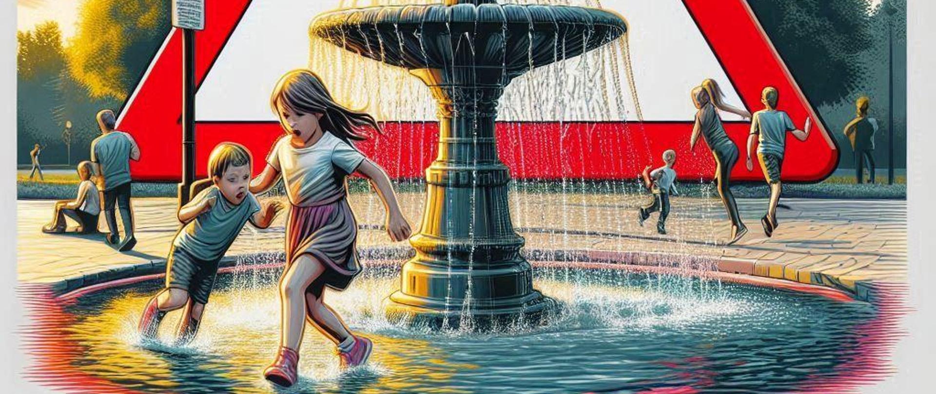 Na obrazku znajduję się fontanna w której biegają dzieci oraz znak ostrzegawczy w tle