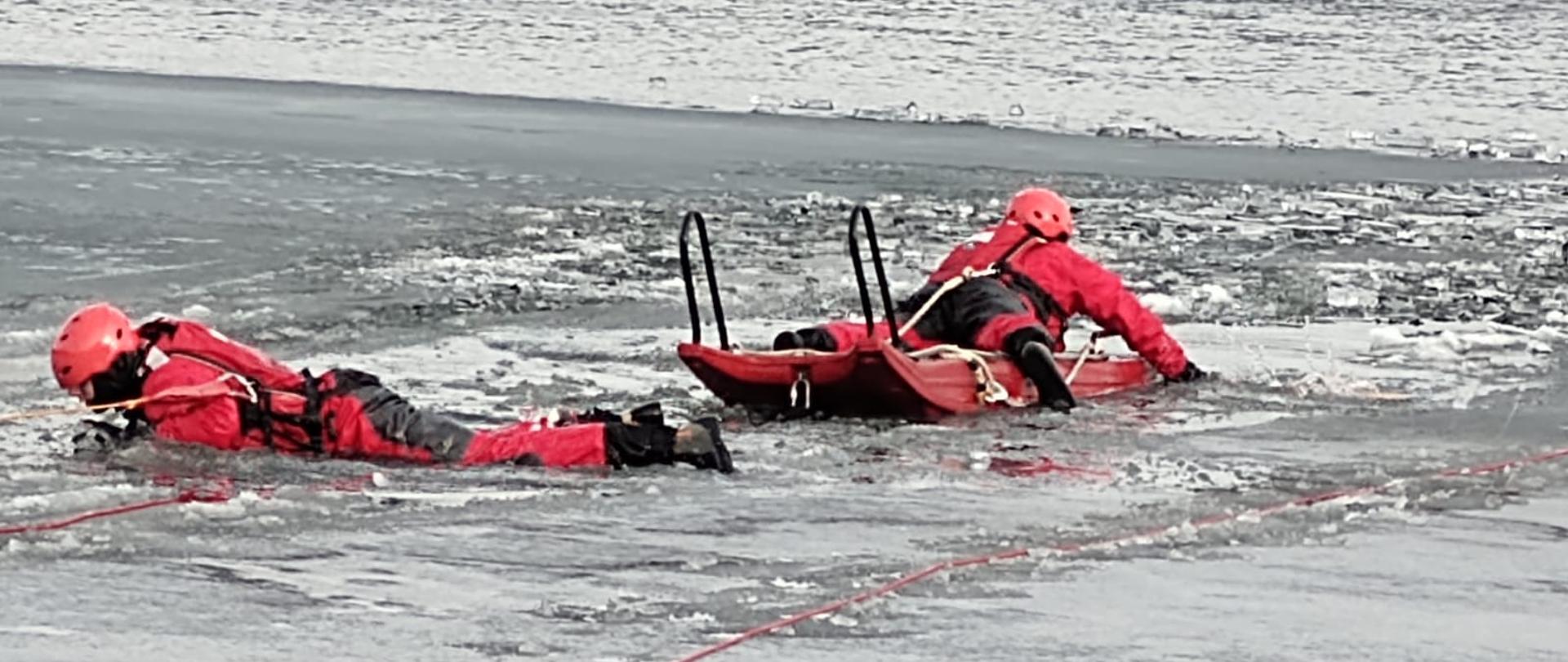 Strażacy na tafli jeziora podczas ćwiczeń z saniami lodowymi.