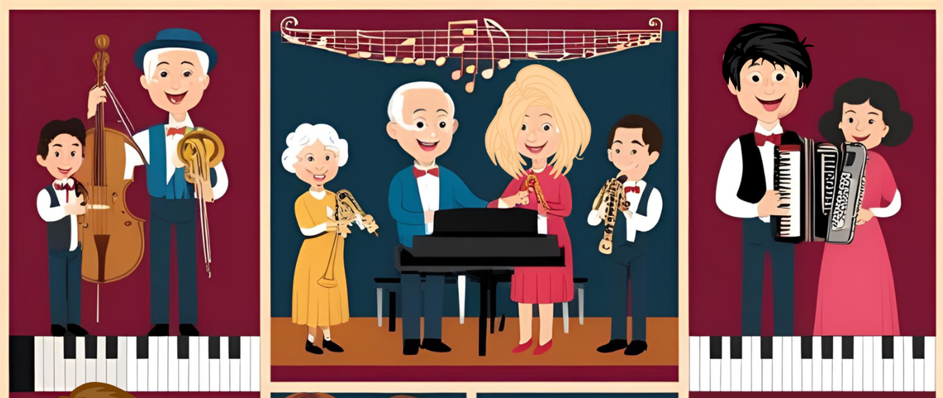 Kolorowy plakat, składający się z 3 części. Pierwsza część na samej górze (najmniejsza) - na granatowym tle znajdują się białe napisy KONCERT RODZINNY 17.06.2025. Druga część znajdująca się w centralnym miejscu plakatu, kolorowe grafiki o tematyce rodzinnego muzykowania (5 mniejszych grafik). Pierwsza linia (3 obrazki) - pierwszy obrazek dziadek z wnukiem wiolonczelą i waltornią, drugi obrazek, dziadkowie, mama i dziecko z fortepianem, trąbką, puzonem i saksofonem, trzeci obrazek tata z córką i akordeonem. Druga linia (2 obrazki) - pierwszy obrazek mama, tata, syn i córka ze skrzypcami i fletem, drugi obrazek, na bordowym tle białe napisy ZGŁOŚ SWÓJ UDZIAŁ DO 13.06.2025 W SEKRETARIACIE POKÓJ 103 lub 114.
Trzecia część znajdująca się na samym dole - na granatowym tle białe napisy: Serdecznie zapraszamy do wzięcia czynnego udziału w koncercie rodzinnym, organizowanym przez naszą szkołę! To wyjątkowa okazja, by pokazać, jak łączy nas muzyka.
UCZNIU zachęcamy Cię do wspólnego występu z rodzeństwem, rodzicami, ciociami, wujkami, babciami i dziadkami. Daj swoim bliskim szansę na nowo poczuć się uczniem szkoły Szafranków i wspólnie stwórzcie niezapomniane rodzinno-muzyczne chwile. Czekamy na Wasze zgłoszenia i nie możemy się doczekać, by zobaczyć, jak muzyka ożywa w Waszym rodzinnym gronie. Do zobaczenia na scenie! 