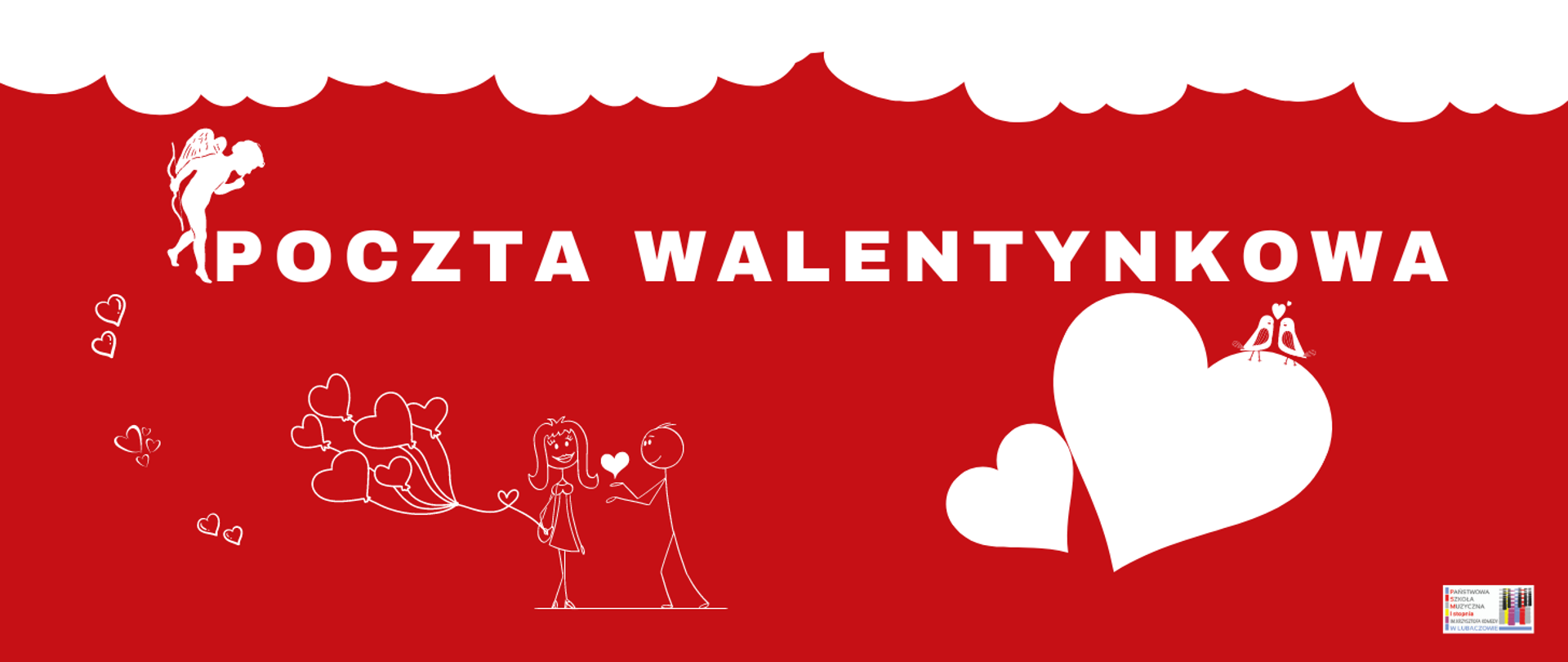 Na czerwonym tle, w górnej części zostały umieszczone białe chmury. W środkowej części widnieje biały napis "POCZTA WALENTYNKOWA". Powyżej tego napisu po lewej stronie jest widoczny biały amor. W dolnej części zostały umieszczone grafiki przedstawiające mężczyznę i kobietę trzymającą balony w kształcie serc oraz dwa białe serca - na szczycie jednego z nich znajdują się dwa białe ptaki. W prawym dolnym rogu widnieje logo szkoły na tle białego prostokąta.