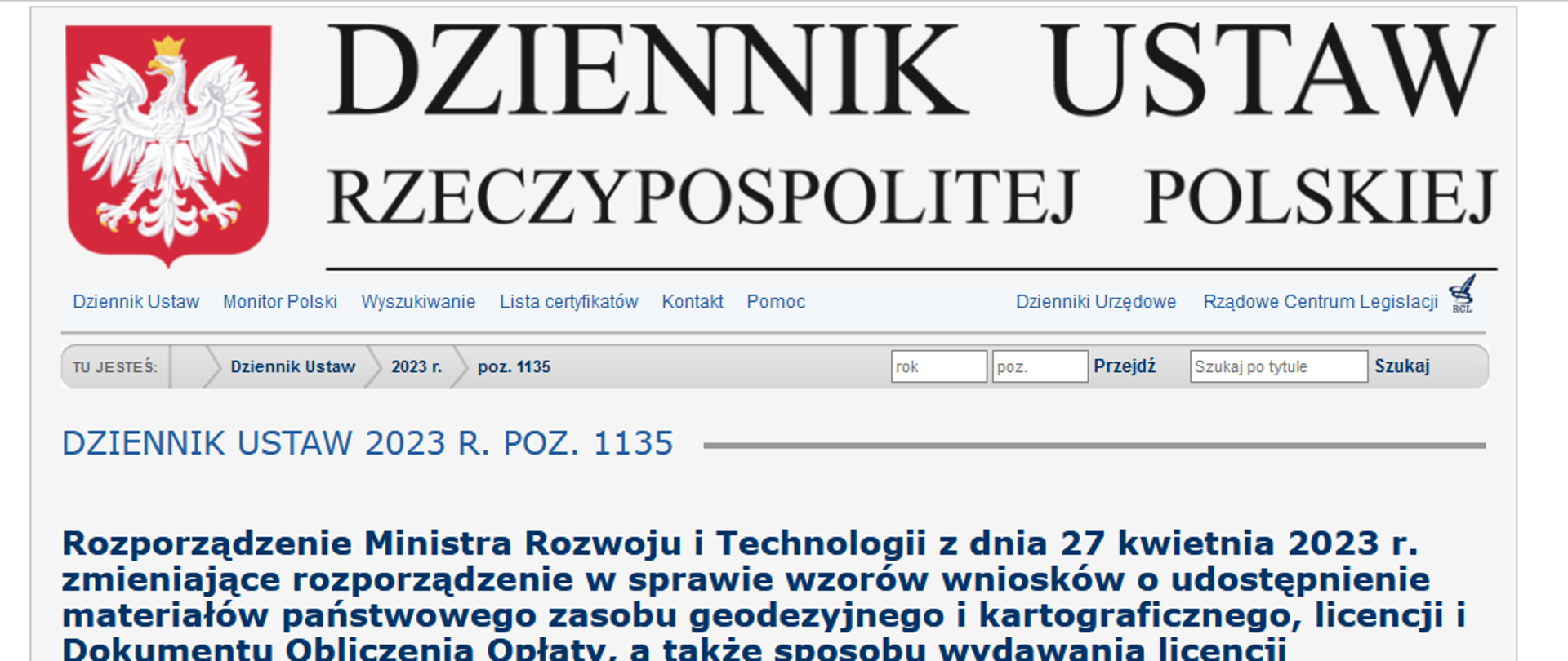 ilustracja przedstawia zrzut z Dziennika Ustaw 2023 r. poz. 1135