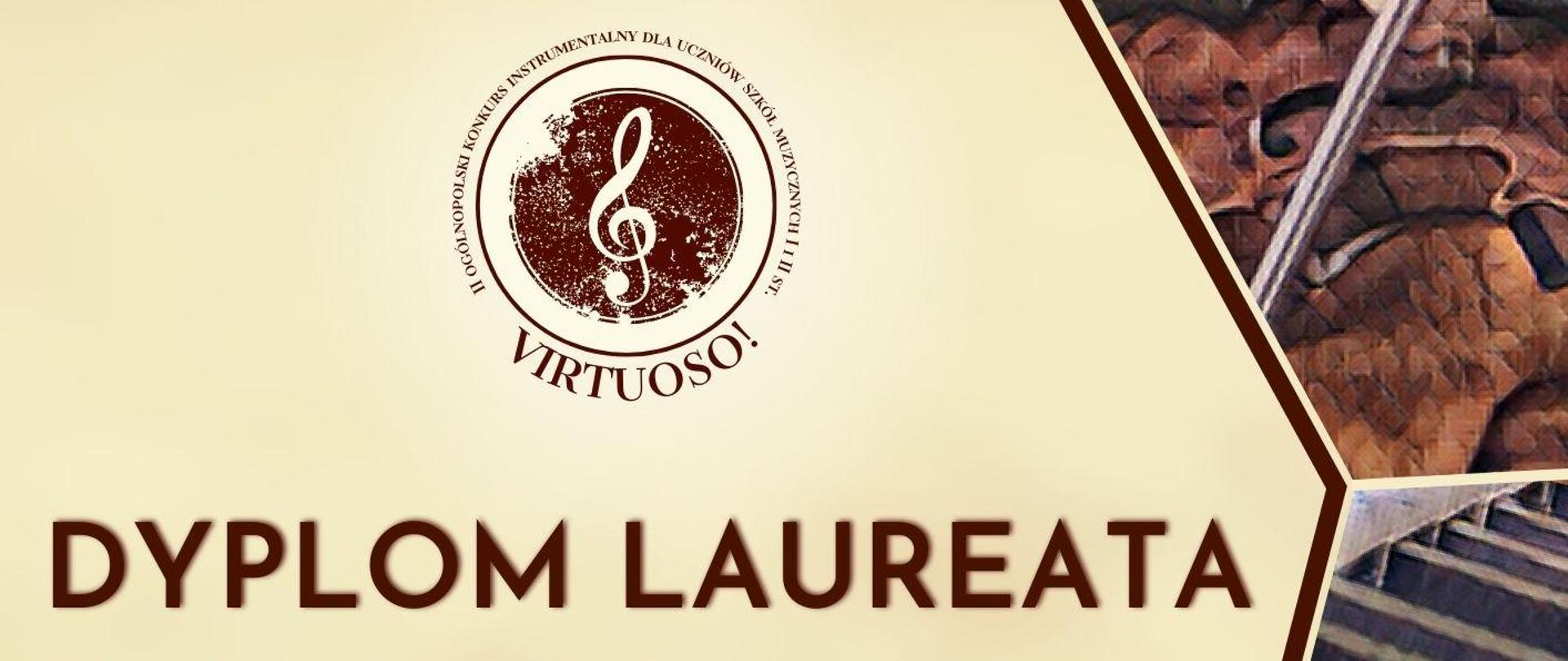 Dyplom laureata. Na górze logo konkursu w postaci brązowego okręgu z kluczem wiolinowym w środku. Po prawej stronie fragmenty ilustracji przedstawiających instrumenty. Na dole logo organizatorów, patronatu honorowego, partnerów konkursu, patronów medialnych i wspierających. 