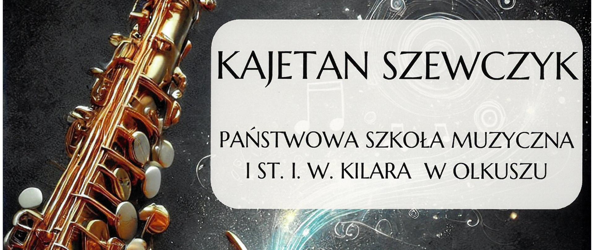 szare tło, zdjęcie saksofonu po lewej stronie, białe prostokąty z informacjami, na dole pasek z logami