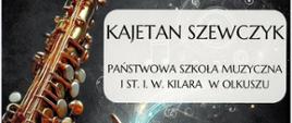 szare tło, zdjęcie saksofonu po lewej stronie, białe prostokąty z informacjami, na dole pasek z logami