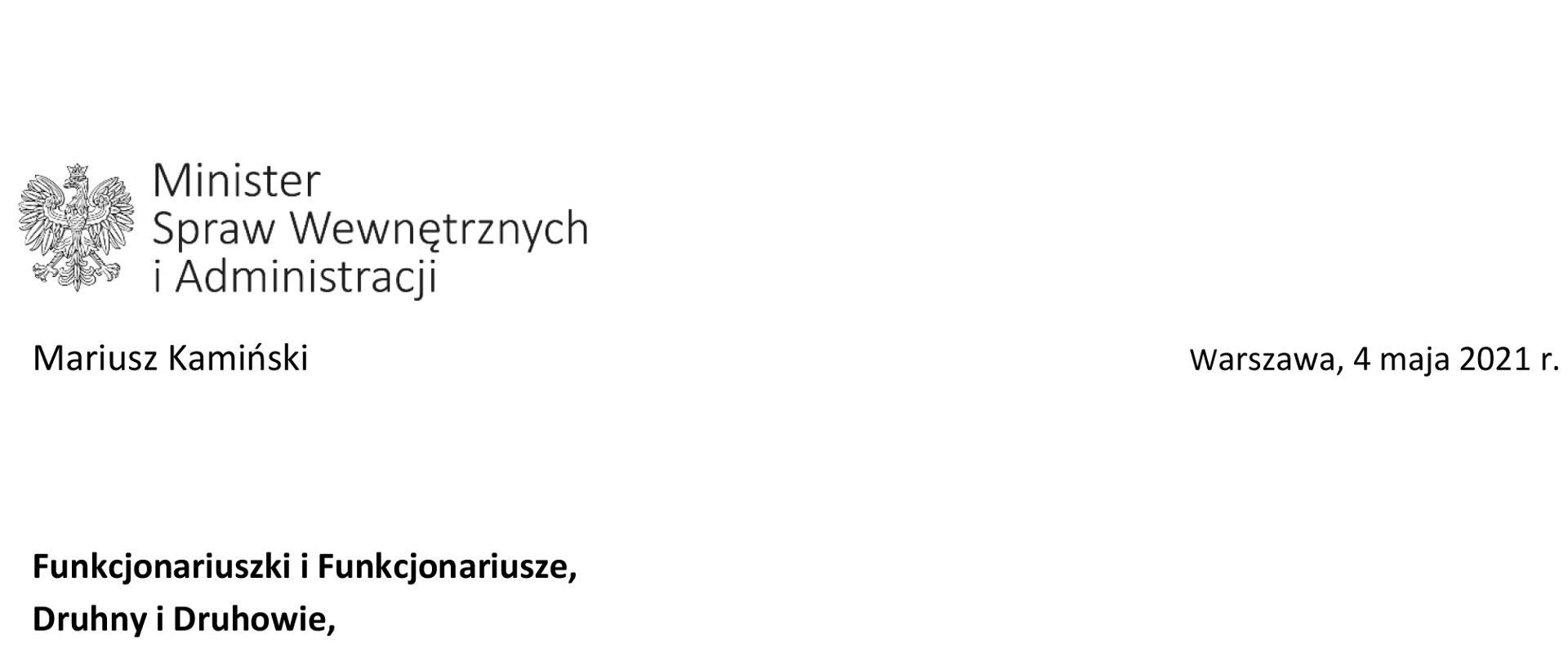Życzenia ministra spraw wewnętrznych i administracji z okazji Dnia Strażaka napisane czarnym drukiem na białym tle