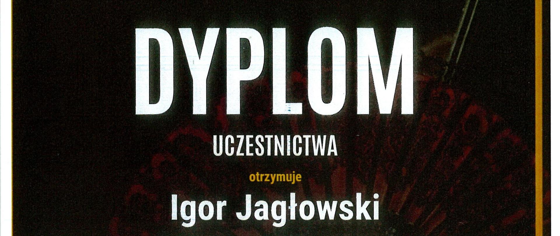 Dyplom uczestnictwa w IV edycji Międzynarodowego Festiwalu Gitarowego i Ogólnopolskiego Konkursu „Sonidos Latinos”, dedykowanego uczniom szkół muzycznych I i II stopnia. Dokument otrzymał Igor Jagłowski, uczeń Państwowej Szkoły Muzycznej I st. im. Emila Młynarskiego w Augustowie. Nauczycielem jest Małgorzata Łanczkowska. W dolnej części znajdują się podpisy członków jury, organizatora i dyrektora szkoły. Festiwal odbył się 18–19 maja 2026 r. w Działdowie.
