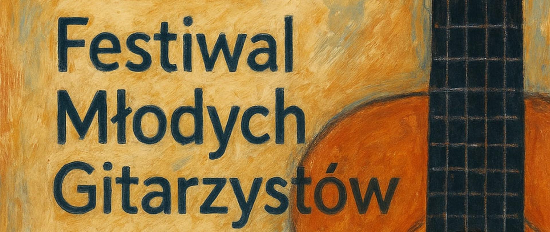 Plakat na brązowym tle z informacją o imprezie w kolorze czarnym. Z lewej strony widnieje ikona gitary w kolorze brązowym.