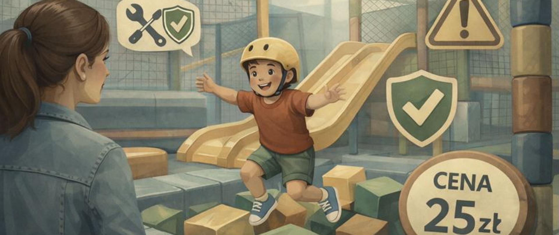 Ilustracja przedstawia uśmiechnięte dziecko w kasku ochronnym, stojące na drewnianym torze przeszkód na placu zabaw. Obok znajduje się dorosła osoba pochylona w stronę dziecka, jakby je asekurowała lub instruowała. W tle widoczne są znaki bezpieczeństwa (tarcza, klucz i śrubokręt, znak ostrzegawczy) oraz tabliczka z ceną "25 zł". Scena sugeruje bezpieczną zabawę lub aktywność ruchową dla dzieci w zamkniętym pomieszczeniu. 