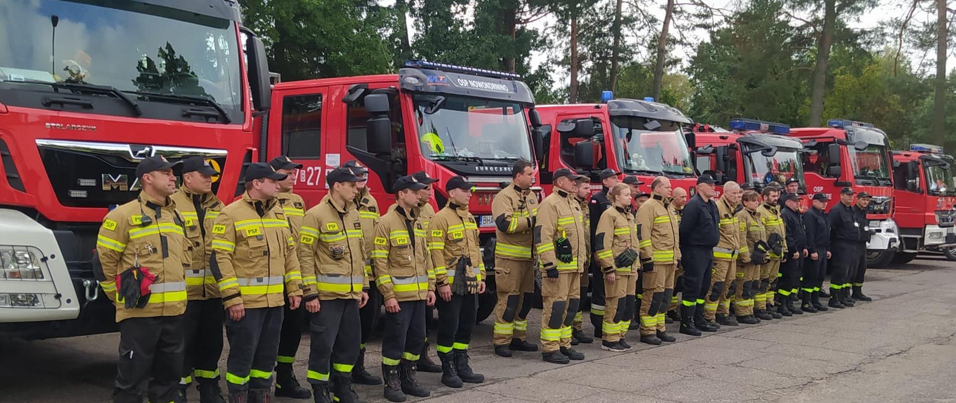 Na tle czerwonych strażackich wozów bojowych stoi kilkudziesięciu strażaków w czarnych oraz piaskowych mundurach. Strażacy stoją w dwuszeregu.