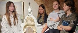 Na zdjęciu grupa młodzieży zwiedza wnętrze zabytkowego budynku z ceglastym, sklepionym sufitem. Uczestnicy oglądają makietę kaplicy ustawioną na ozdobnym stoliku, poznając architekturę i historię obiektu.