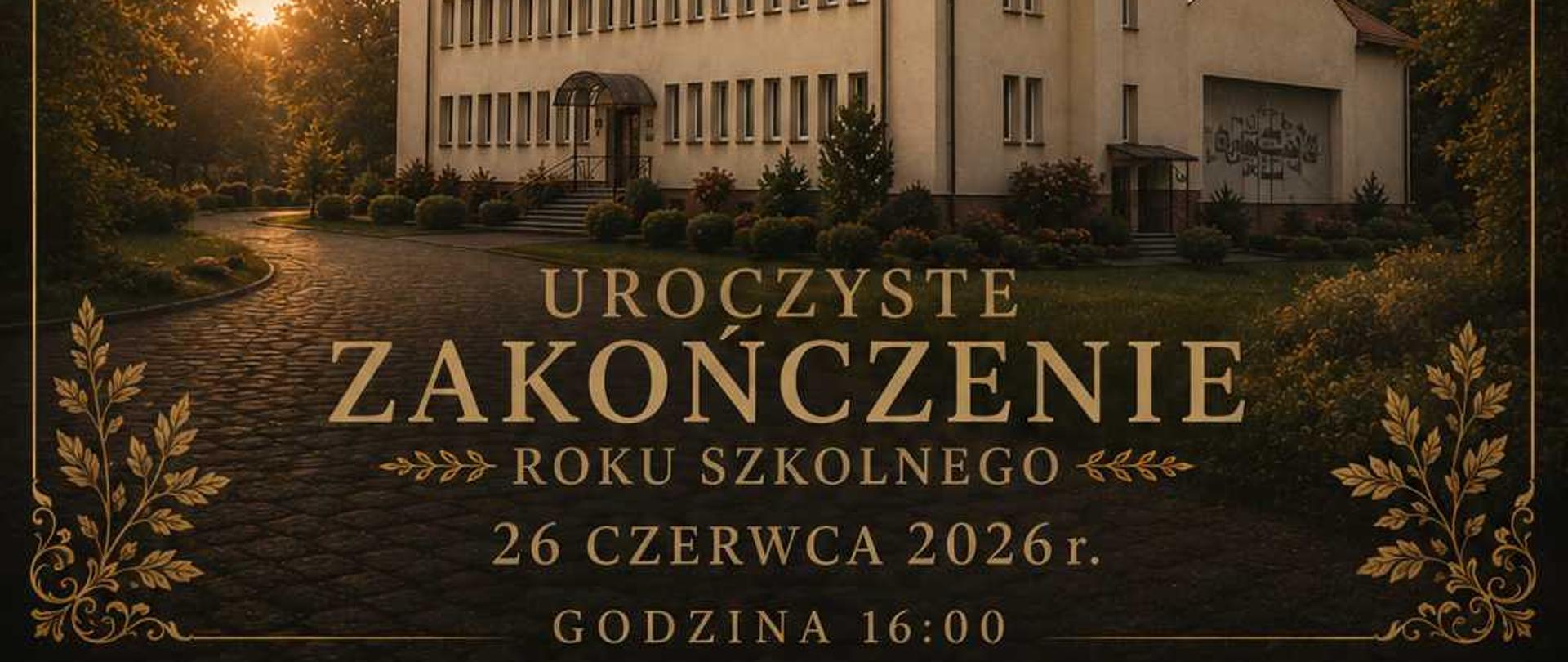 Plakat zakończenie roku szkolnego 2025-26. Brązowe kolory, w tle Wanda Kossakowa i budynek szkoły