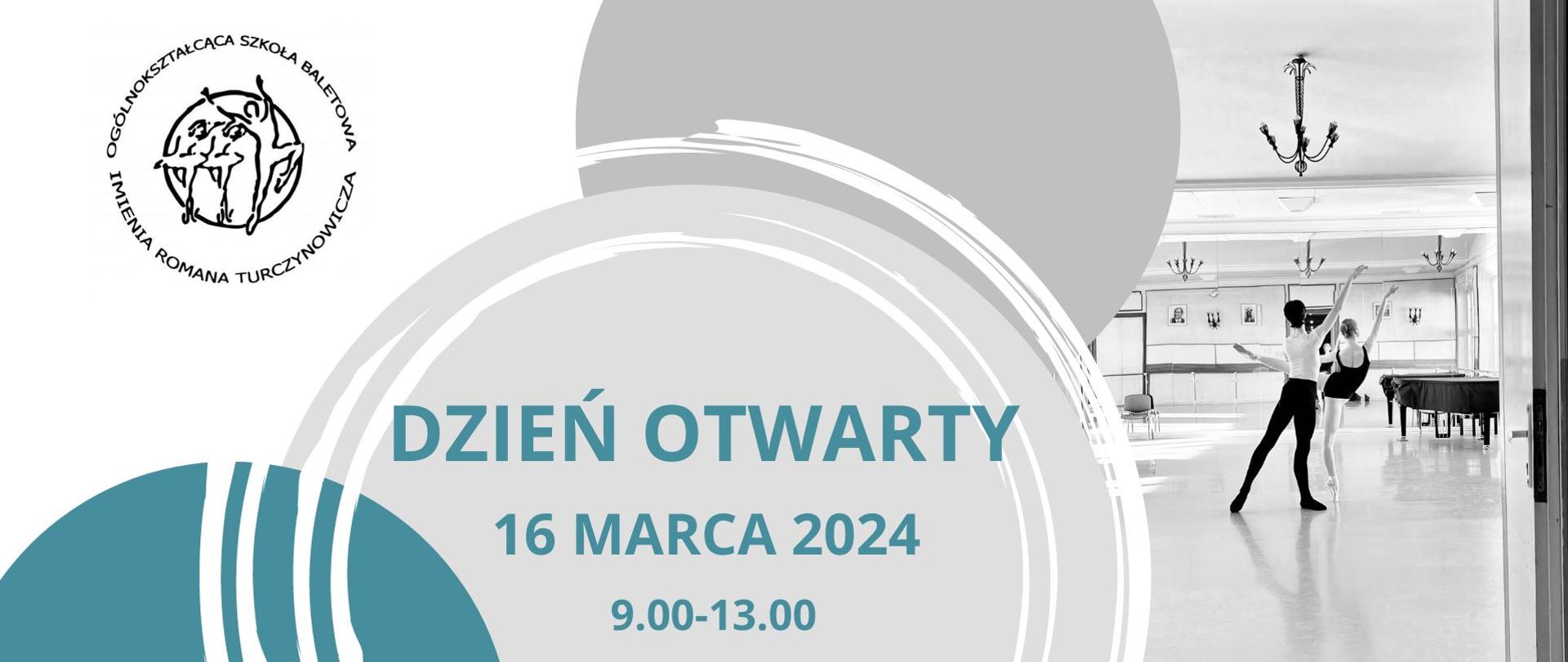 Plakat z okazji dnia otwartego szkoły. Na środku napis, po prawej stronie zdjęcie tancerzy klasycznych w pozie. Po lewej stronie w górnym rogu logo szkoły. Tło białe, środek niebieski i szary.