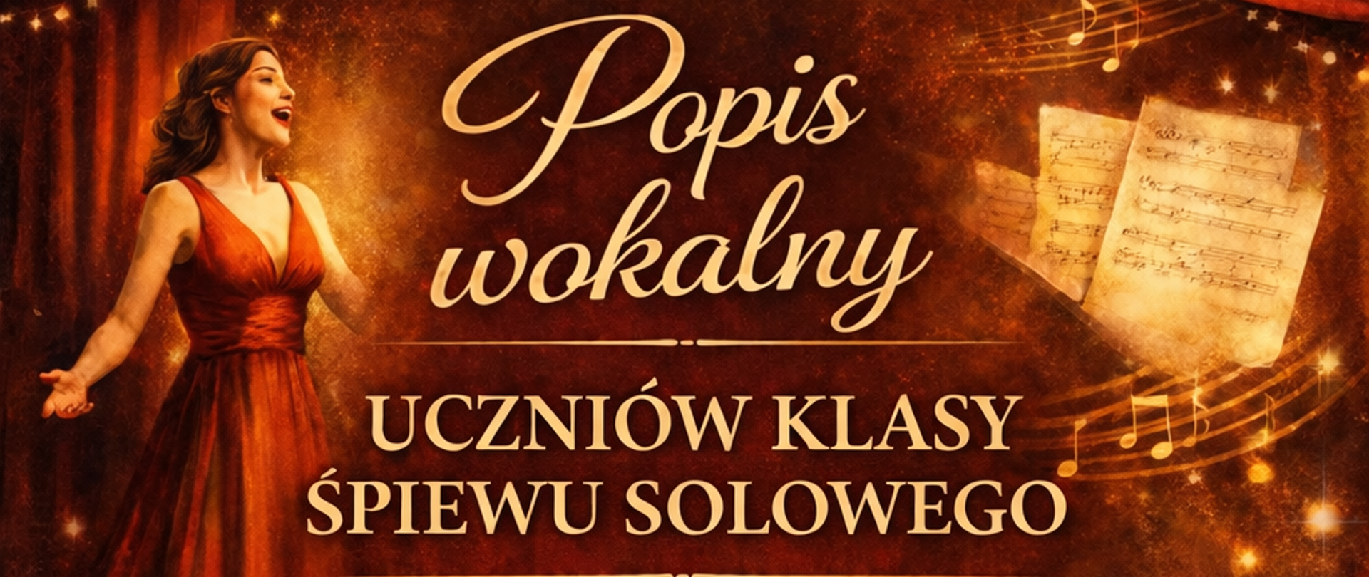 na kolorowym tle przedstawiającym grafikę fortepianu, śpiewaczki , nut oraz kwiatów napis jasnymi kolorami popis wokalny uczniów klas śpiewu solowego pani Alicji Zientalskiej i Justyny Ozdowskiej, 17 marca 2026, sala koncertowa przy fortepianie pani Grazyna Malec - Przedlacka