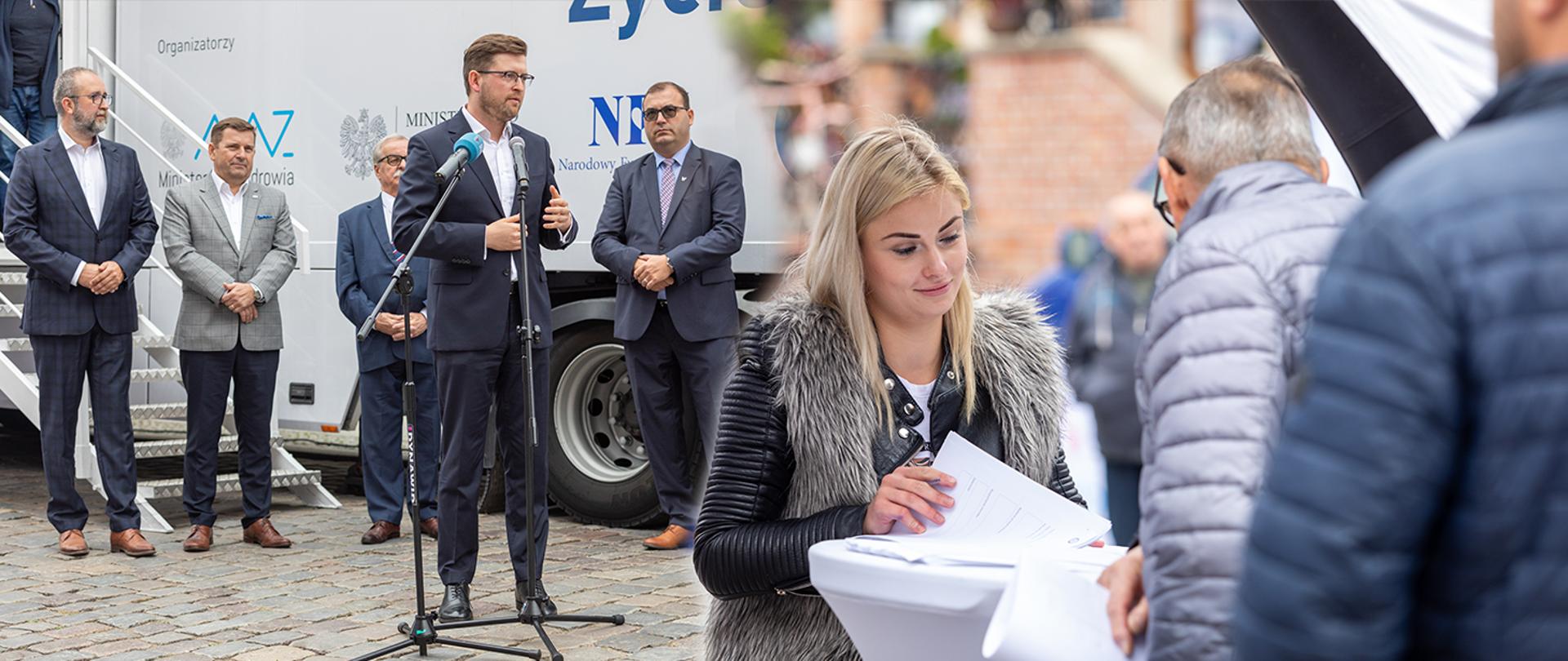 Kolaż dwóch zdjęć. Po lewej stronie wiceminister Andrzej Śliwka stoi za mikrofonem. Z tyłu stoi czterech mężczyzn na tle autobusu z logotypami. Po prawej stronie stoi kobieta, która trzyma w ręku dokumenty oraz dwóch mężczyzn. 