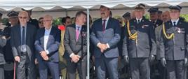 Zdjęcie przedstawia strażaków, parlamentarzystów, radnych oraz zaproszonych gości podczas uroczystości Obchodów Dnia Strażaka, którzy stoją pod namiotem 