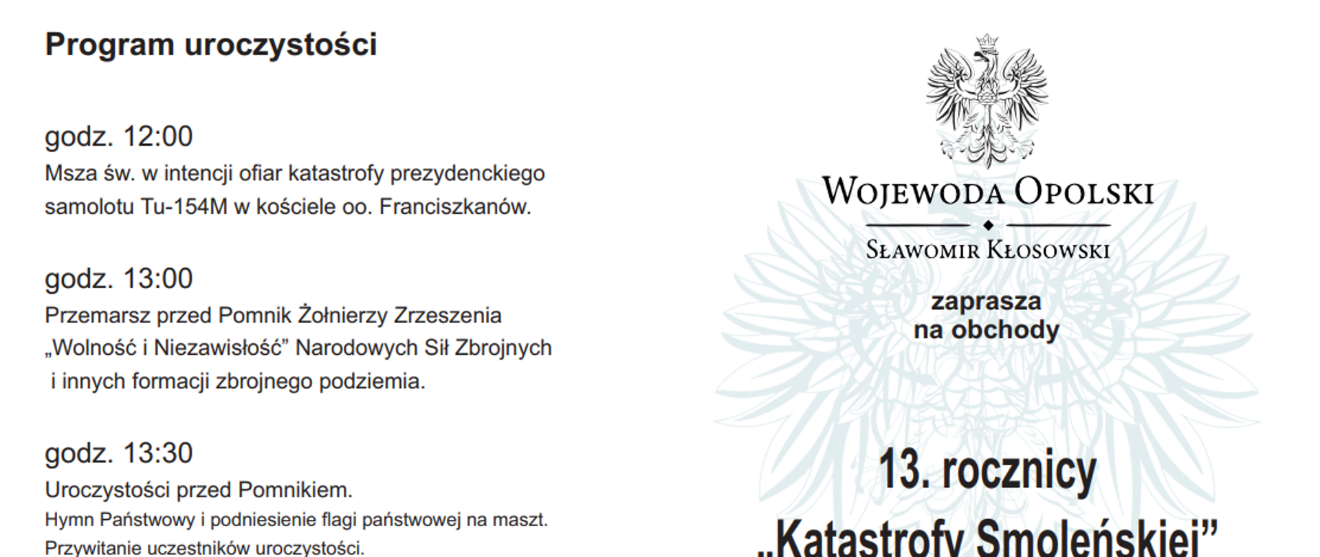 Zaproszenie Wojewody Opolskiego na obchody 13. rocznicy "Katastrofy Smoleńskiej"