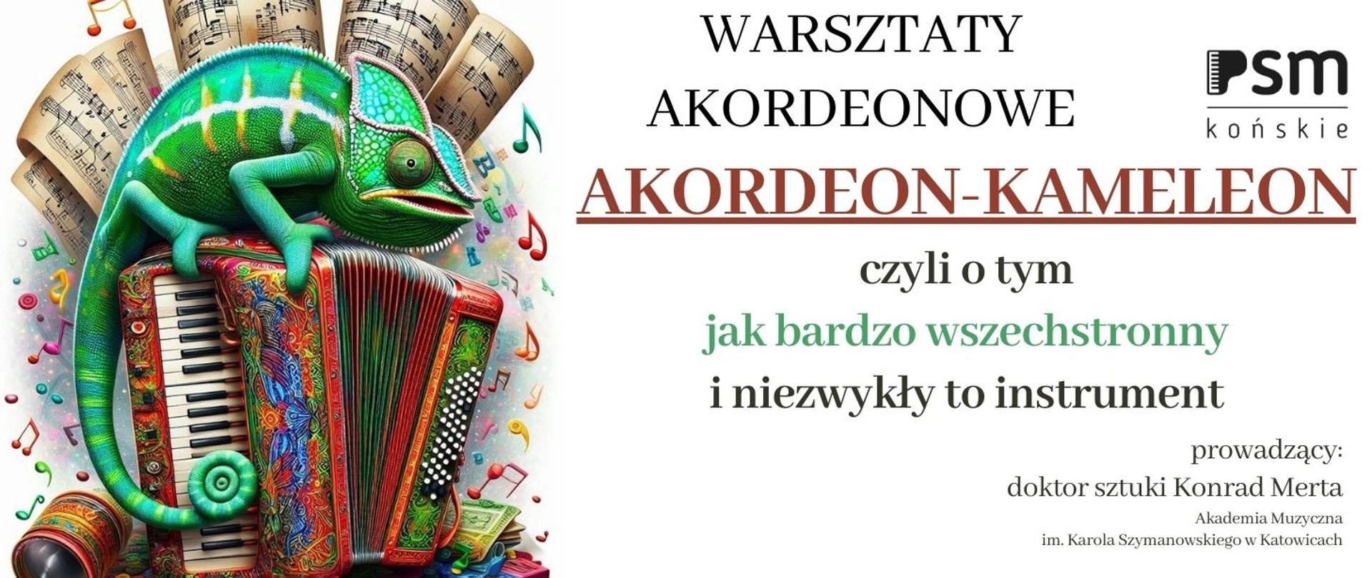 Baner na biały tle. Kolorowy akorderon w lewym rogu.