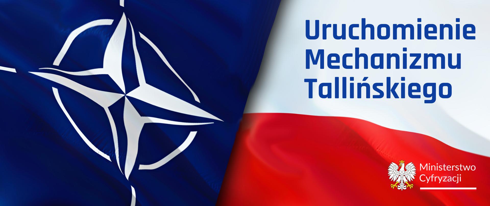 Na grafice widzimy po prawej stronie biało-czerwoną flagę Polski oraz logo Ministerstwa Cyfryzacji, po lewej natomiast znajduje się flaga ONZ. 