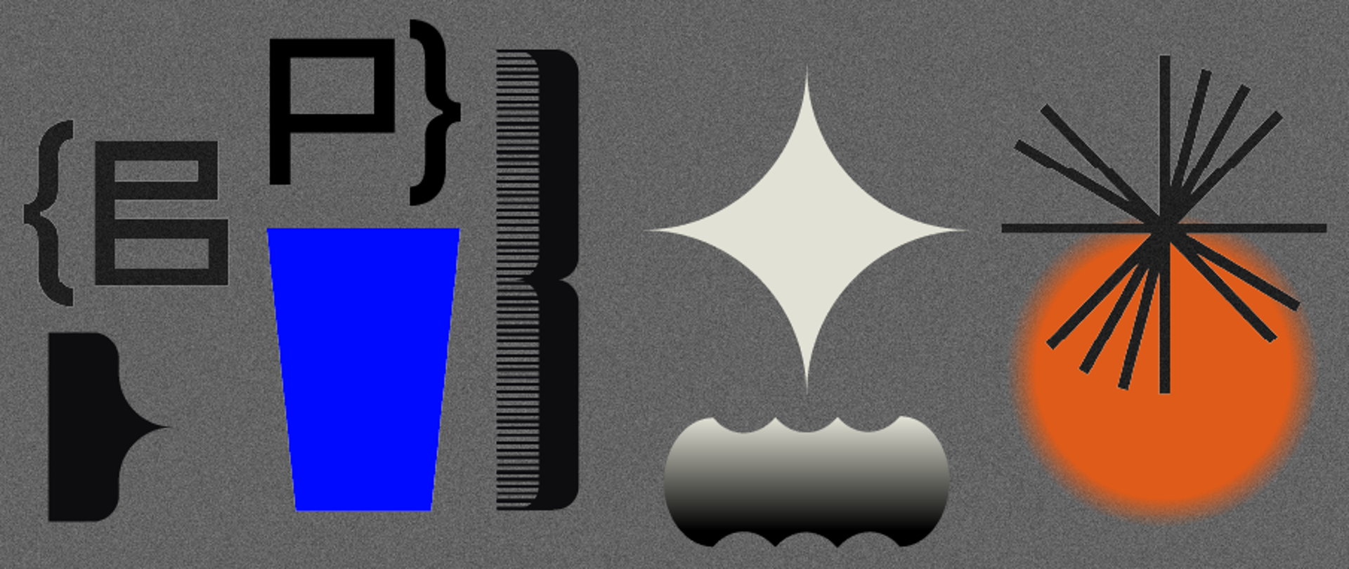 Grafika abstrakcyjna w odcieniach szarości przedstawiająca zestaw geometrycznych i typograficznych form: nawiasy klamrowe, znak równości, literę „P”, niebieski trapez, jasny romb przypominający gwiazdę, czarną gwiazdę z promieniami oraz pomarańczowe koło. Kompozycja ma nowoczesny, eksperymentalny charakter.