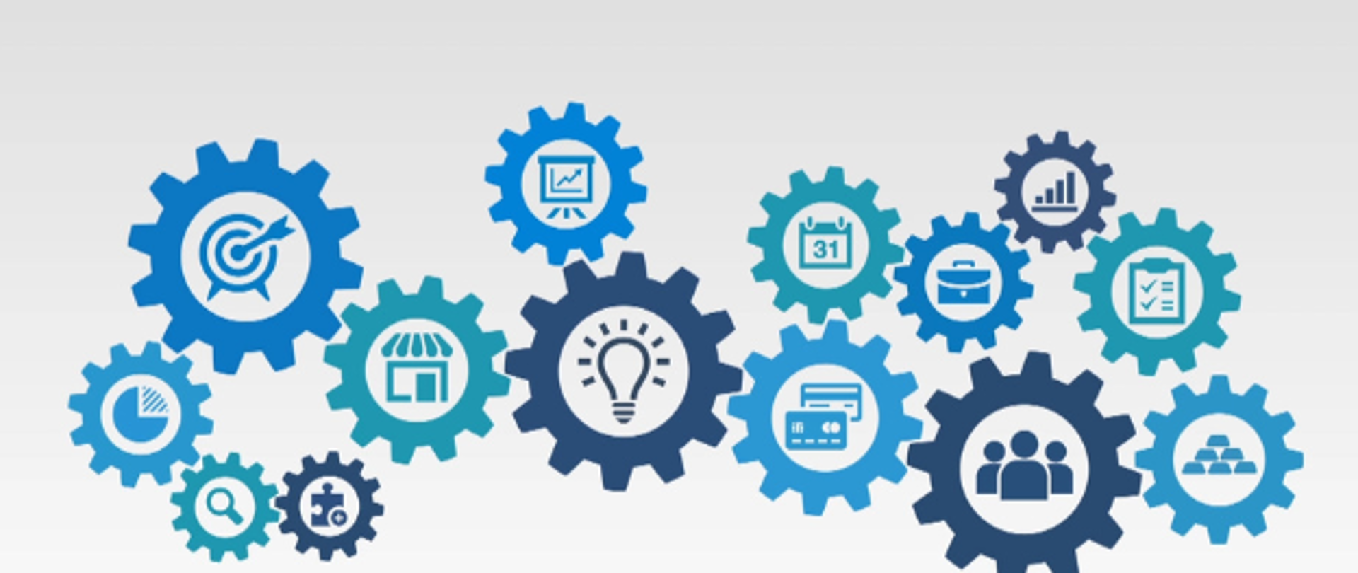 Grafika dekoracyjna. Na białym tle różnych rozmiarów kółka zębate w różnych odcieniach koloru niebieskiego z różnymi graficznymi elementami wewnątrz obręczy.