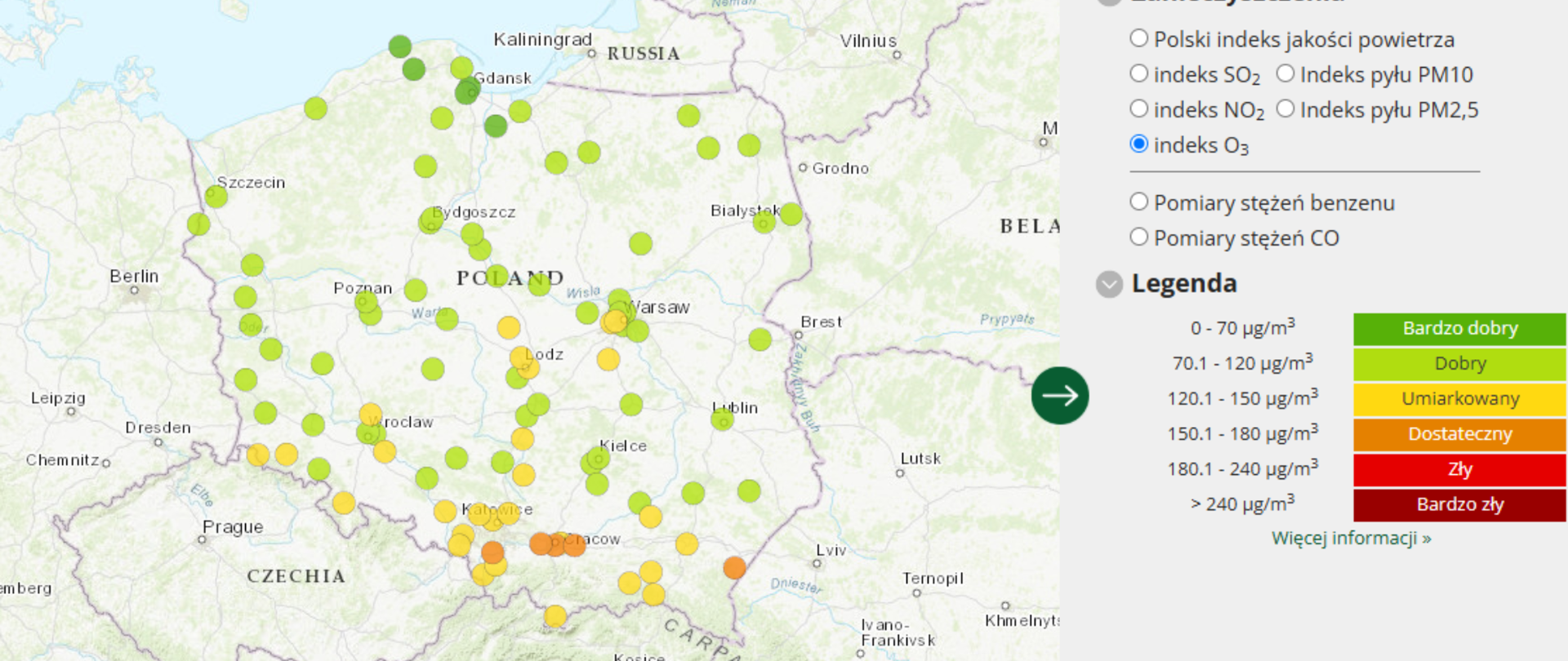 Mapa Polski z wynikami pomiarów