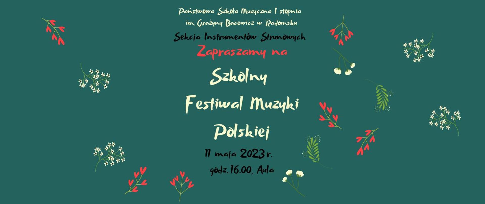 Na ciemnozielonym tle znajdują się napisy w kolorze białym, czarnym, czerwonym oraz grafiki roślin w kolorze zielonym, białym i czerwonym.