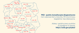 – na grafice przedstawiona jest mapa geograficzna Polski z podziałem na poszczególne województwa. W obszarze każdego z nich jest wypisana jest liczba Punktów Konsultacyjno - Diagnostycznych w kierunku HIV z podziałem na miasta o wile w takich znajdują się te punkty
