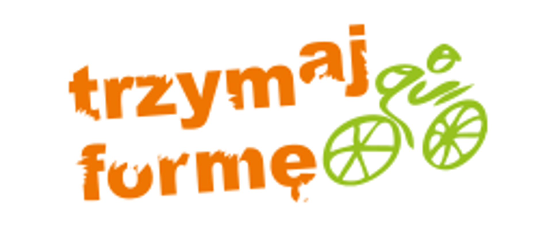 Logotyp kampanii zdrowego stylu życia. Na białym tle pomarańczowy napis: "Trzymaj formę". Obok zielona grafika przypominająca rower.
