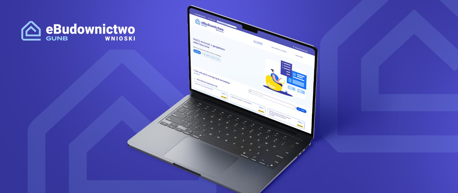 Zrzut ekranu strony internetowej serwisu e-Budownictwo Wnioski, który przedstawia formularze do składania wniosków budowlanych online, widoczny na ekranie laptopa na granatowym tle z logotypem serwisu.