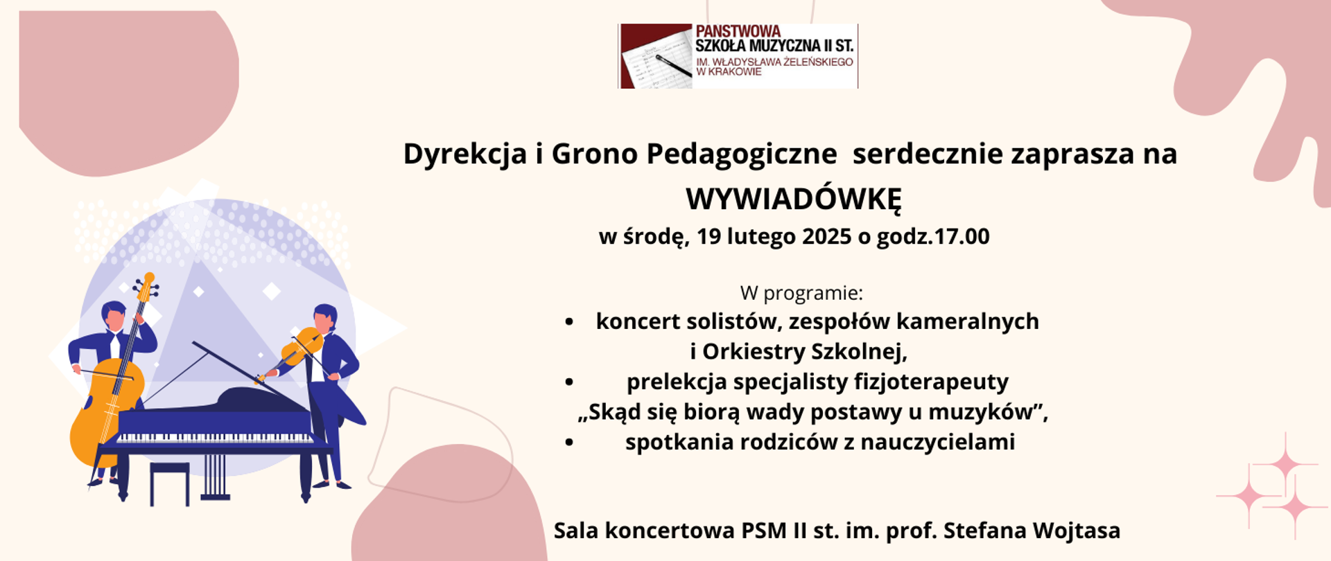 Wywiadówka 19.02.2025 godz.17.00 plakat zdjęcie fortepian i grający muzycy