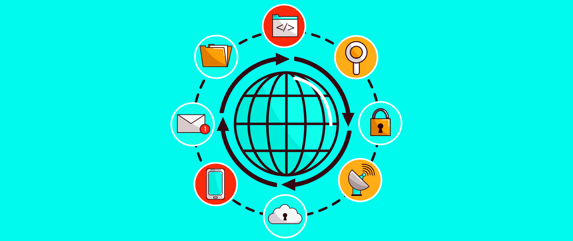 Grafika wektorowa na turkusowym tle - symbol internetu - graficzne przedstawienie sieci internetowej, tworzące obrazową grafikę, wokół niej strzałki symbolizujące przepływ informacji i usług internetowych oraz ikony m.in. chmury, smartfona, poczty elektronicznej, itp.