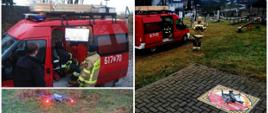 Obraz (kolaż) przedstawia 5 zdjęć z działań poszukiwawczych. Na zdjęciach przedstawiony jest samochód oraz strażacy z Ochotniczej Straży Pożarnej Brochocin podczas akcji poszukiwawczej. Zdjęcie obrazuje również organizację stanowiska sterowania dronem wraz ekranem obrazu z kamery termowizyjnej, a także moment startu bezzałogowego statku powietrznego z wyznaczonego lądowiska. 