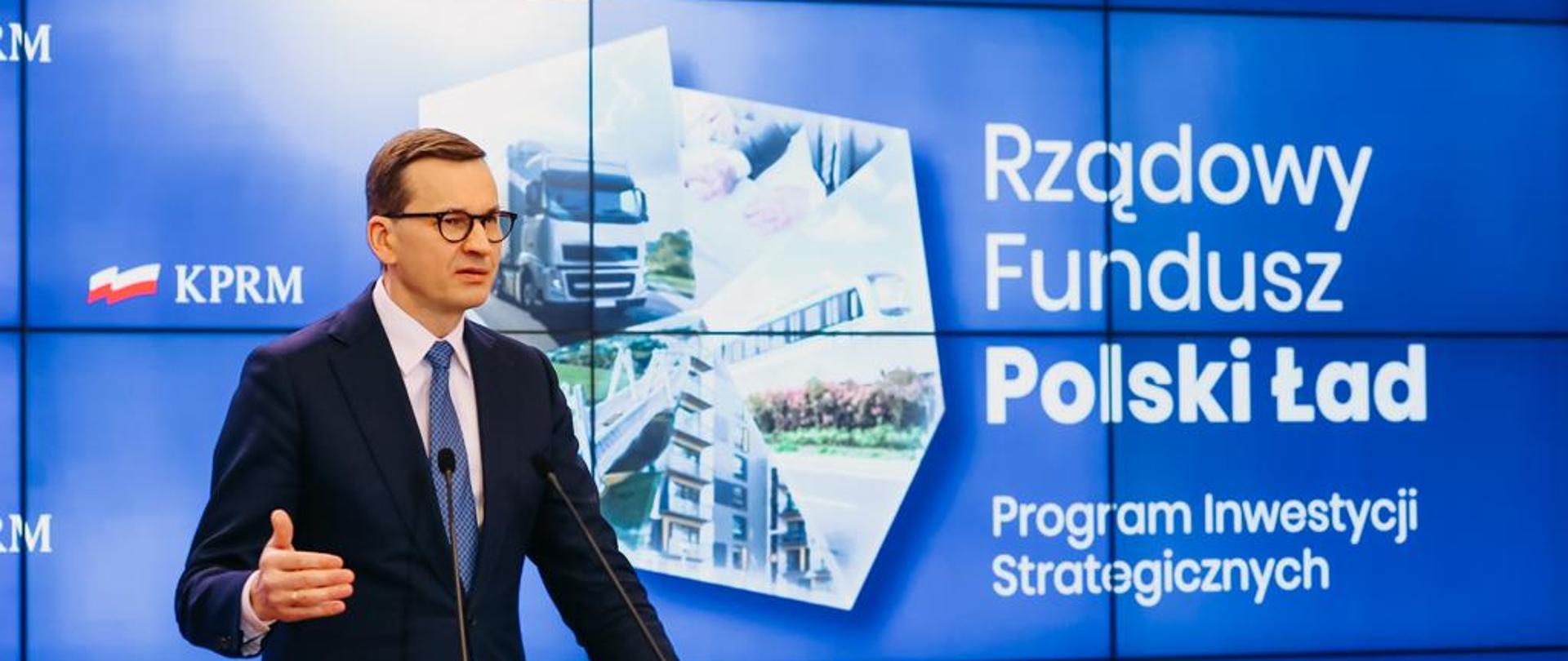 Premier Mateusz Morawiecki podczas konferencji prasowej Rządowy Fundusz Polski Ład
