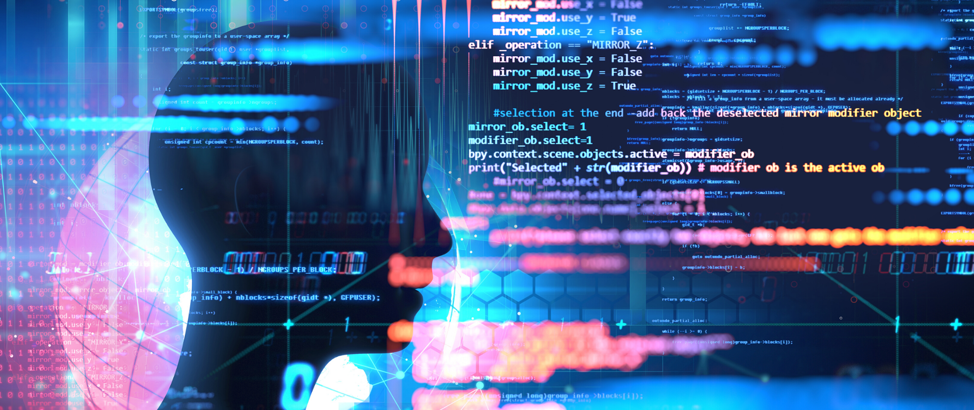 cyfrowy obraz głowy i kod programu.