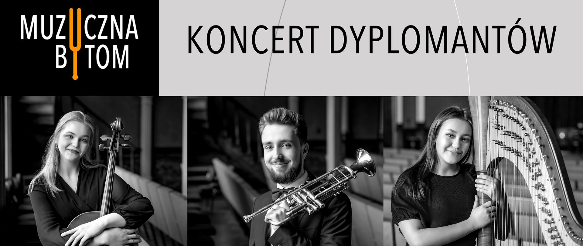 Plakat: Po lewej stronie na czarnym tle logo szkoły oraz dane teleadresowe; Na szarym tle po prawej stronie dane dot. programu koncertu oraz zdjęcia uczniów - solistów z instrumentami (wiolonczela, trąbka, harfa)