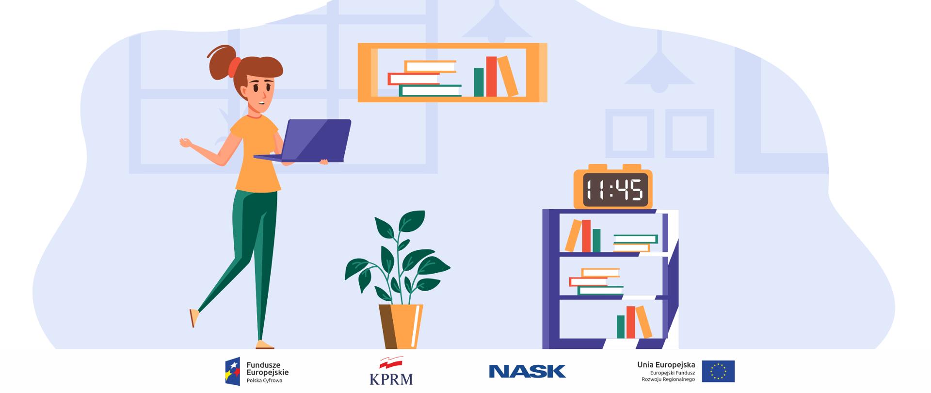 Grafika wektorowa - kobieta stoi w pokoju, trzyma w rękach laptopa, jej mina wskazuje na zdziwienie. Obok niej stoją kwiatek doniczkowy i półka z książkami, na półce zegar wskazujący godzinę 11:45.