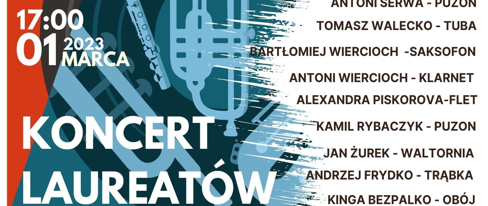 Plakat Koncertu Laureatów Instrumenty Dęte, Data 01.03.2023 godzina 17:00, Wstęp bezpłatny; na plakacie wymieniono uczestników koncertu