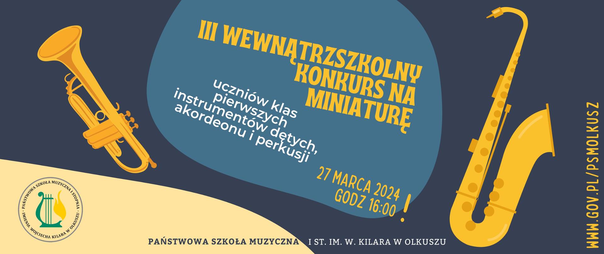 niebieskie tło, żółte instrumenty (trąbka i saksofon), białe i żółty napisy