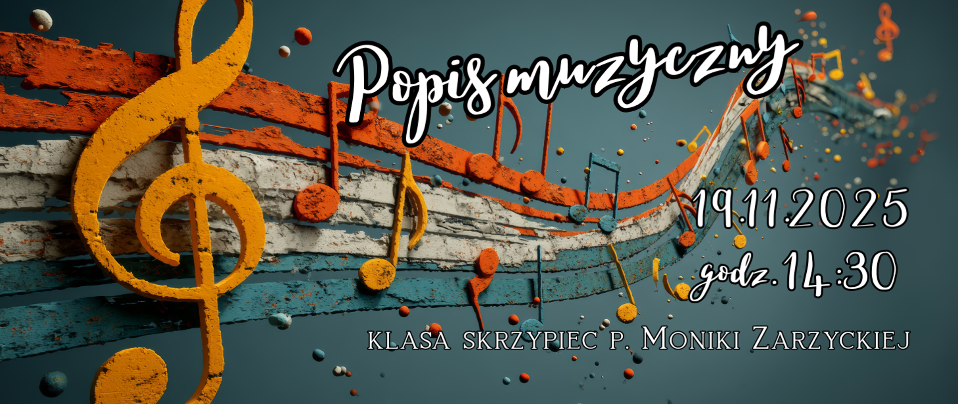 Na kolorowym tle z motywem klucza wiolinowego i pięciolinii informacja: Popis klasy skrzypiec p. Moniki Zarzyckiej 19.11.2025r. godz. 14.30