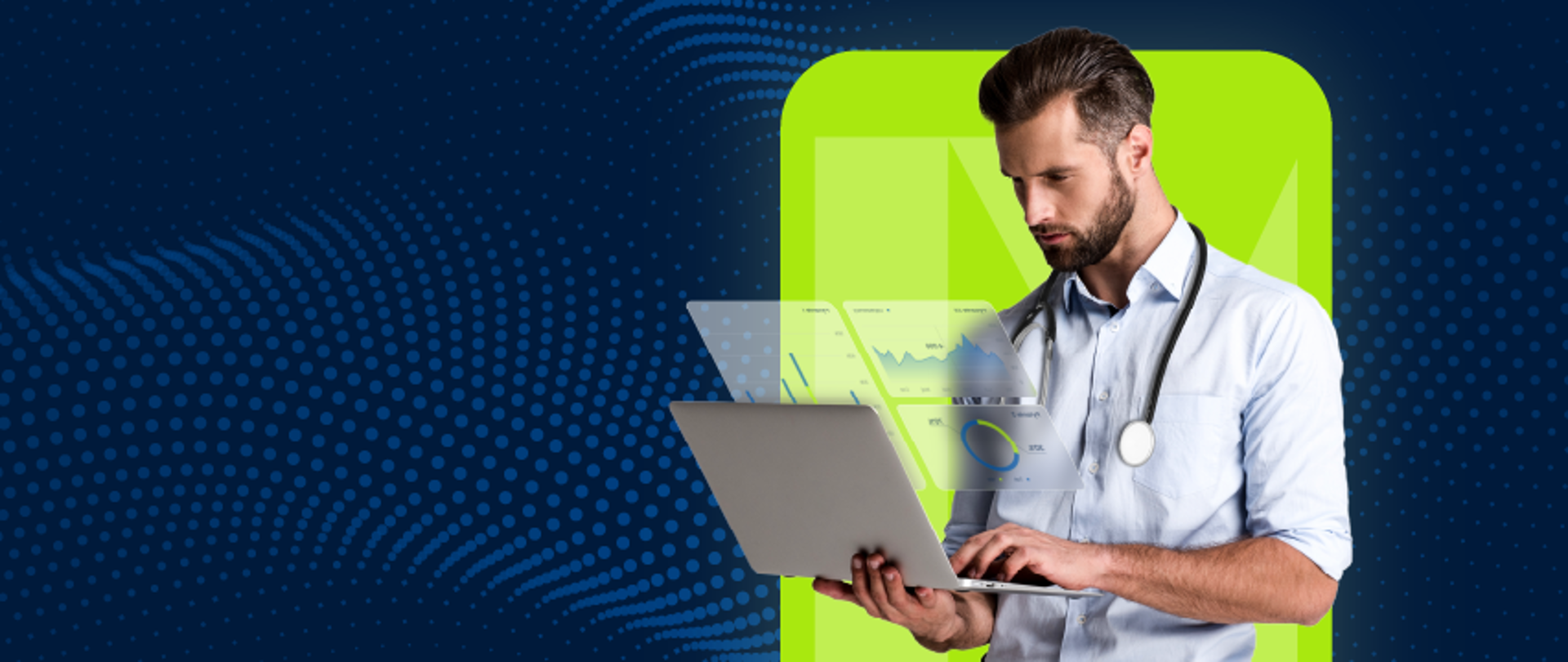 Grafika w tle, przedstawiająca pracownika służby zdrowia, trzymającego w ręku laptopa 